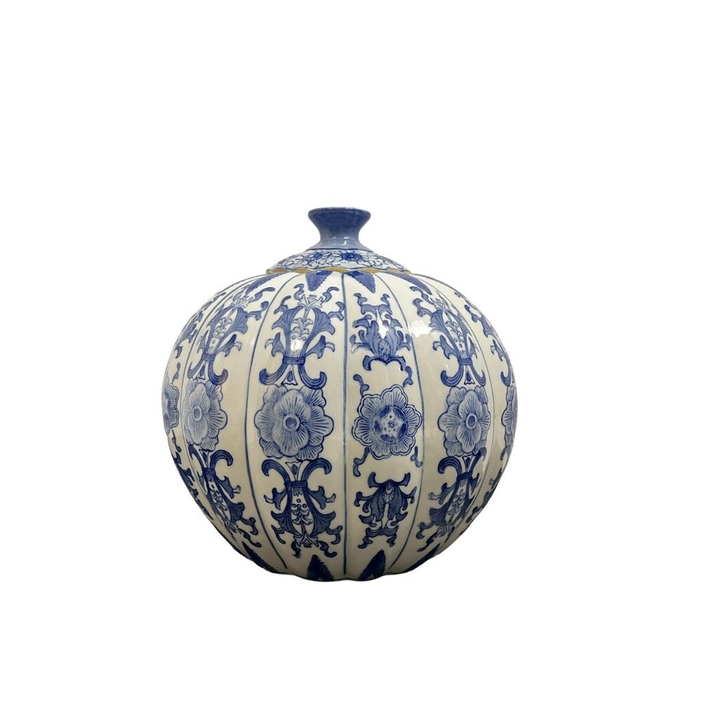 Blue & White Floral Ceramic Vase With Intricate Detailing Decorative Home Accent - Picture 3 of 12